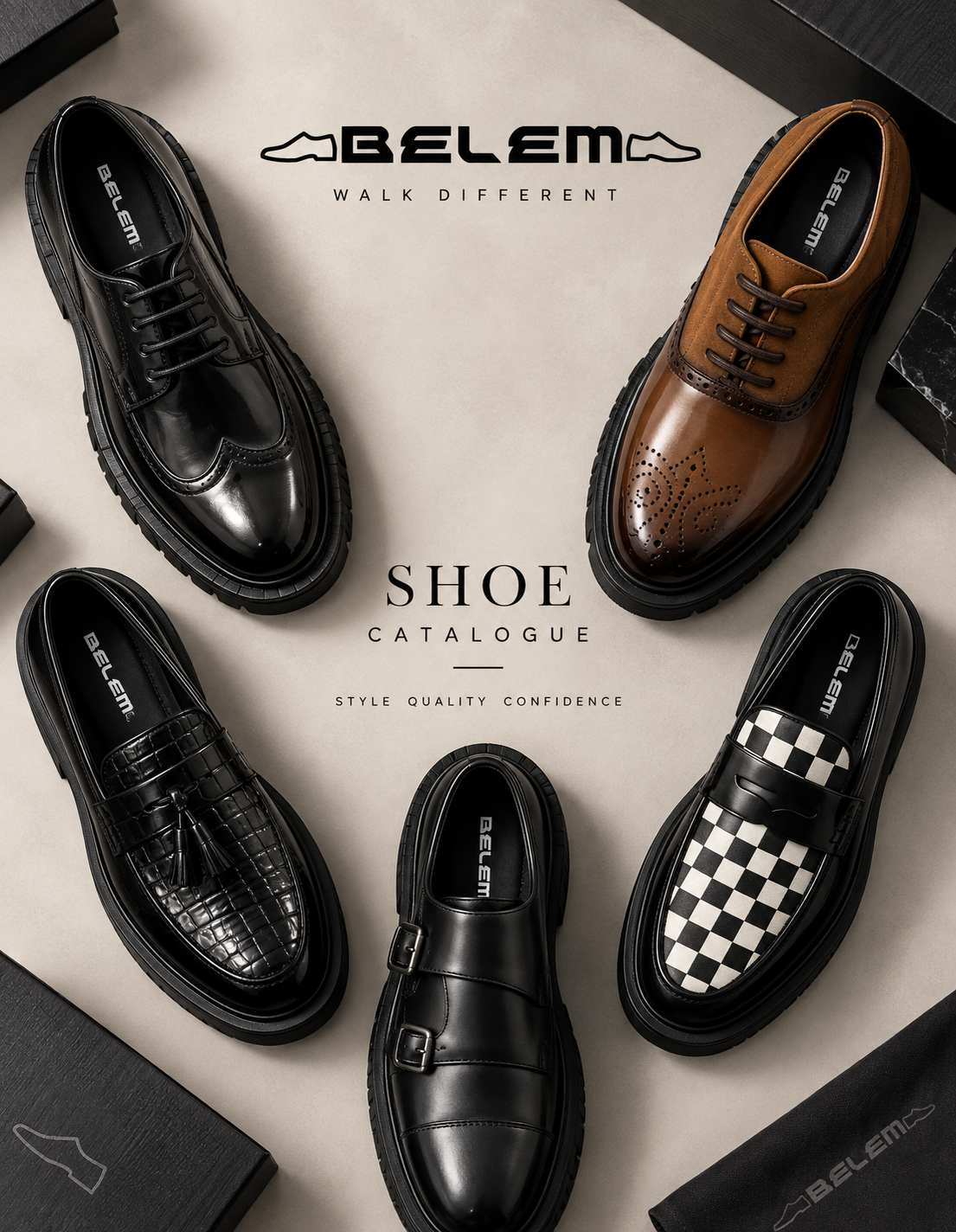 Belem shoe catalogue — formal loafers, derbies and monk straps arranged on a neutral backdrop